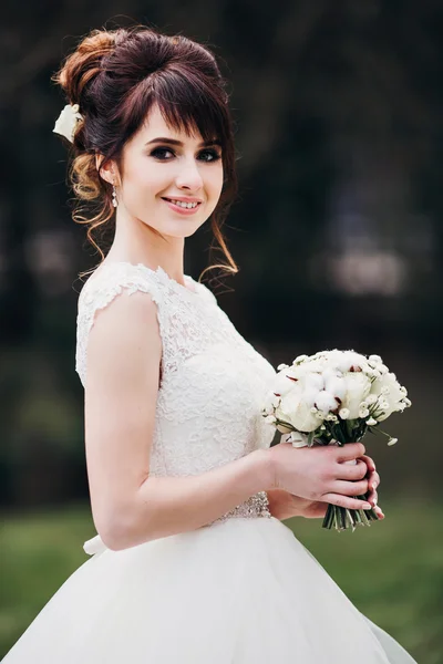 Wedding bride smiling. Portrait of the bride -bride in an expensive wedding dress.Attractive girl.Beautiful bride. Portrait of the bride with big eyes