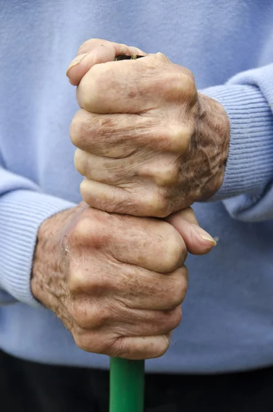 Hand of an old man holding a walking stick