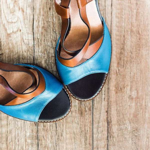 Pair of leather women shoes on wood floor