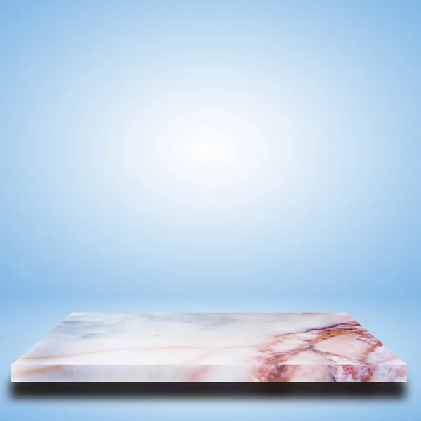 Empty top white marble shelves or marble table on blue gradient background.