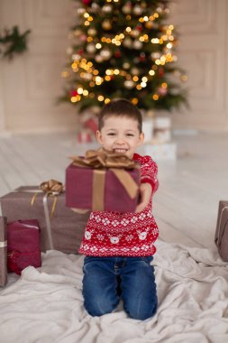 Noel ağacının yanında Noel hediyesi kutusuyla kırmızı örülü süveter giyen mutlu küçük çocuğun portresi. Mutlu bir çocukluk. Bir Noel masalı bekliyorum.