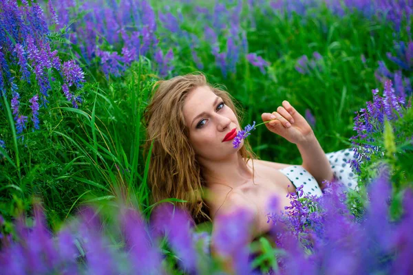 Krásná Mladá Blondýnka Zeleném Poli Mezi Fialovými Květy Divoká Zvěř — Stock fotografie