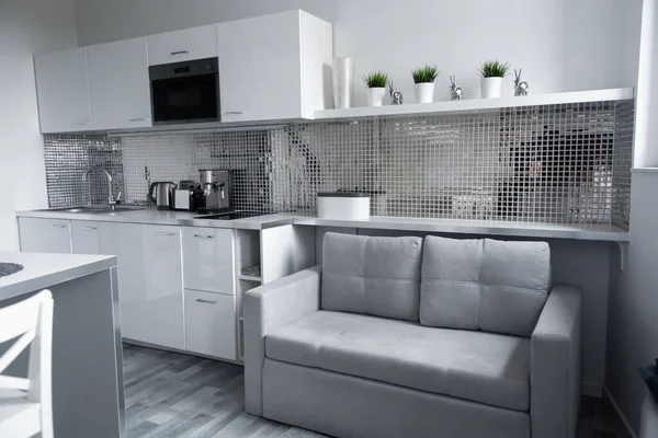 Minimalistic interior of a bright small apartment. Gray sofa.