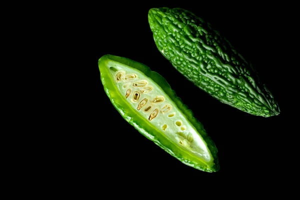 Green Tropical Momordica Charantia Chinese Bitter Gourd Black Background — Stock Photo, Image