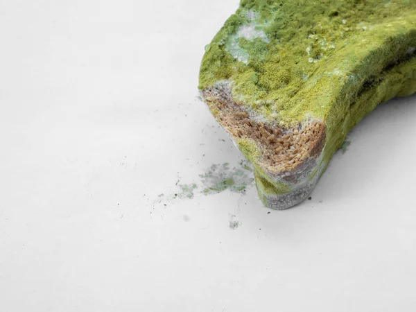 Pedazo Pan Cubierto Con Moho Verde Sobre Fondo Blanco Aislado — Foto de Stock