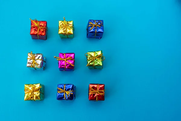 Top View Multicolored Bright Holiday Gift Boxes Blue Background Copy — Stock Photo, Image