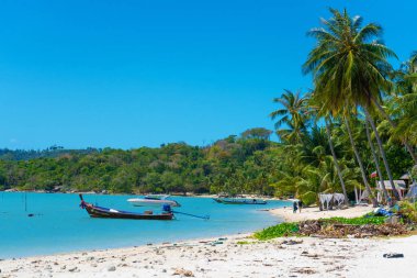 Tropik plaj manzarası. Mükemmel beyaz kum, yeşil palmiye ağaçları ve mavi su. Tropiklerde seyahat ve dinlenme.