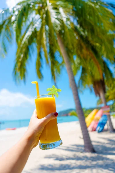 First Person View Girl Holds Glass Cup Cold Mango Fresh — Stock Photo, Image