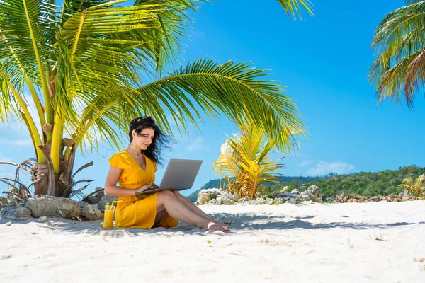 Дівчина Жовтій Сукні Тропічному Піщаному Пляжі Працює Ноутбуці Свіжий Манго — стокове фото