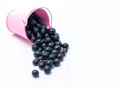 Siyah üzümlerin döküldüğü beyaz arka planda pembe bir kova..