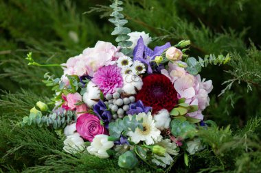 yeşil çimenlikteki renkli çiçek buketi.