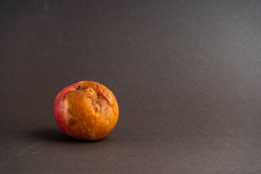 Üniformalı siyah arka planda solucanlı çürük elma..