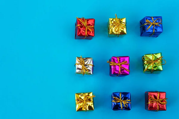 Top View Multicolored Bright Holiday Gift Boxes Blue Background Copy — Stock Photo, Image
