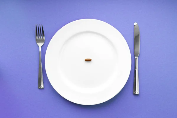 Маленькая Табличка Тарелке Медицинская Концепция Ешьте Таблетки Вместо Еды — стоковое фото