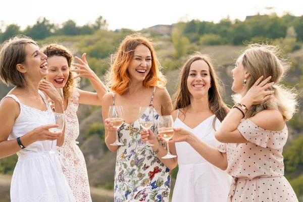 Company Gorgeous Female Friends Having Fun Drink Wine Enjoy Hills — Stock Photo, Image