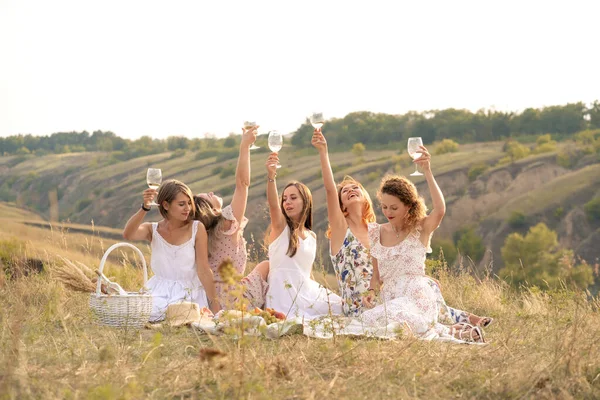 Die Gesellschaft Von Freundinnen Amüsiert Sich Und Genießt Ein Sommergrünes — Stockfoto