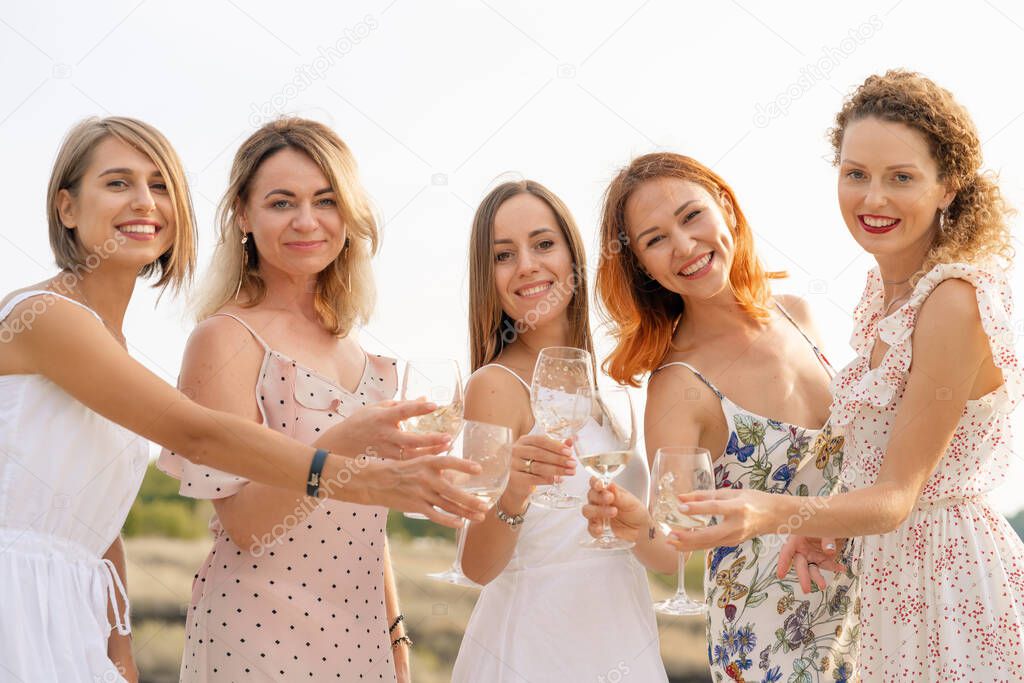 The company of female friends enjoys a summer picnic and raise glasses with wine.