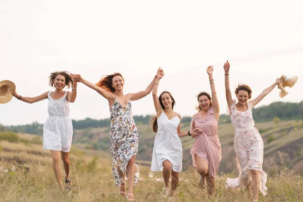 Compañía Alegres Amigas Divierten Juntas Picnic Pintoresco Lugar Con Vistas —  Fotos de Stock