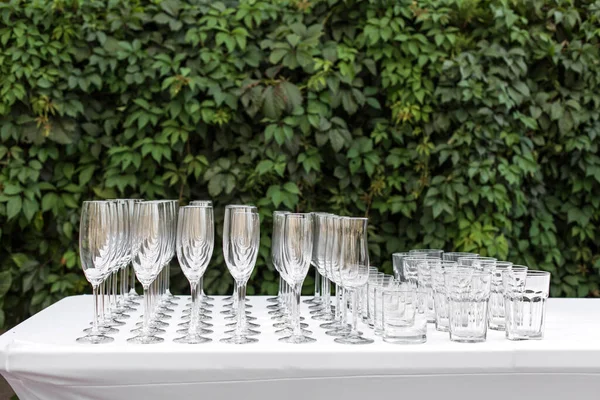 Many Empty Clean Glasses Guests Buffet Festive Wedding Table — Stock Photo, Image
