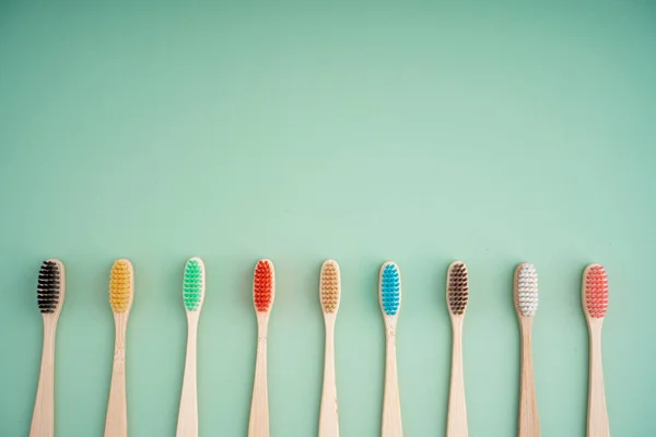 Set Eco Friendly Antibacterial Toothbrushes Made Bamboo Wood Light Green — Stock Photo, Image