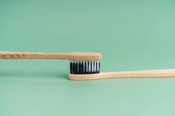 Two Eco Friendly Antibacterial Bamboo Wood Toothbrushes White Black Bristles — Stock Photo, Image