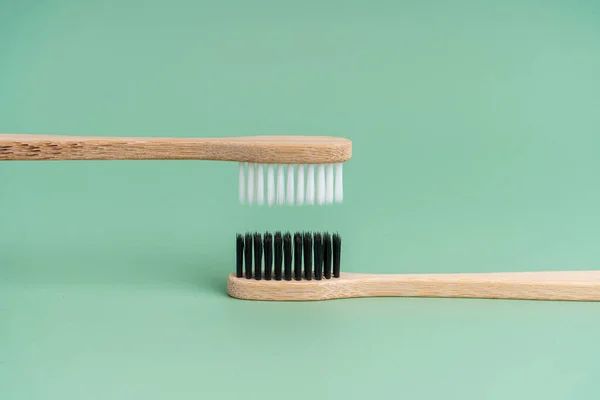 Two Eco Friendly Antibacterial Bamboo Wood Toothbrushes White Black Bristles — Stock Photo, Image