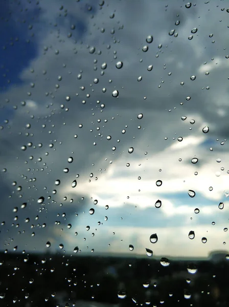Regentropfen Auf Glas Regenwetter Trauriger Tag Dunkler Himmel — Stockfoto