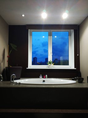 Penceresi olan şık bir banyo. Banyo içi..