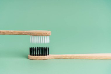 Açık yeşil arka planda beyaz ve siyah tüylü iki çevre dostu antibakteriyel bambu ahşap diş fırçası. Çevreyle ilgilenmek moda. Hoşgörü. Boşluğu kopyala.
