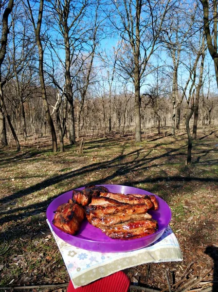 Barbecue Fumé Sur Barbecue Extérieur Goût Viandé Printemps — Photo