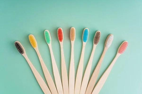 Set Eco Friendly Antibacterial Toothbrushes Made Bamboo Wood Light Green — Stock Photo, Image