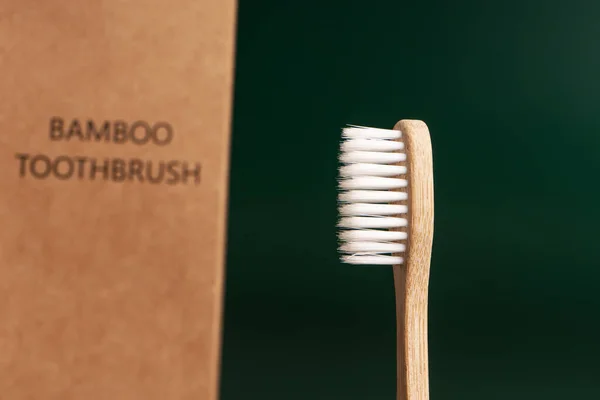 Eco Friendly Antibacterial Bamboo Wood Toothbrush Dark Green Background Taking — Stock Photo, Image