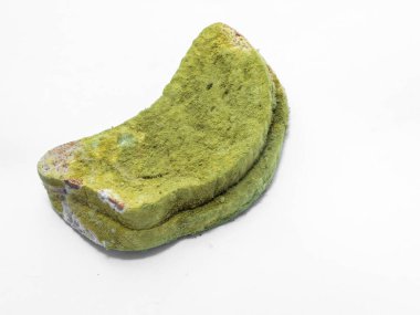 Beyaz arka planda yeşil küfle kaplı bir parça ekmek izole edilmiş..