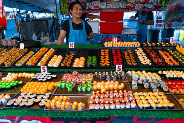 Night Food Market Asia Outdoor Sushi Counters Samui Tailand 2020 — Stock Photo, Image