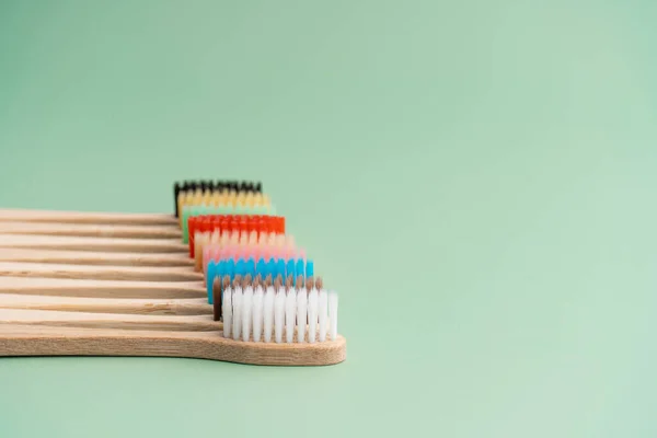 Set Eco Friendly Antibacterial Toothbrushes Made Bamboo Wood Light Green — Stock Photo, Image