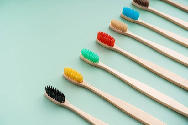 Set Eco Friendly Antibacterial Toothbrushes Made Bamboo Wood Light Green — Stock Photo, Image