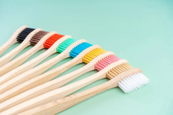 Set Eco Friendly Antibacterial Toothbrushes Made Bamboo Wood Light Green — Stock Photo, Image