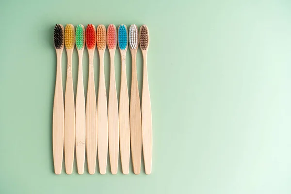 Set Eco Friendly Antibacterial Toothbrushes Made Bamboo Wood Light Green — Stock Photo, Image