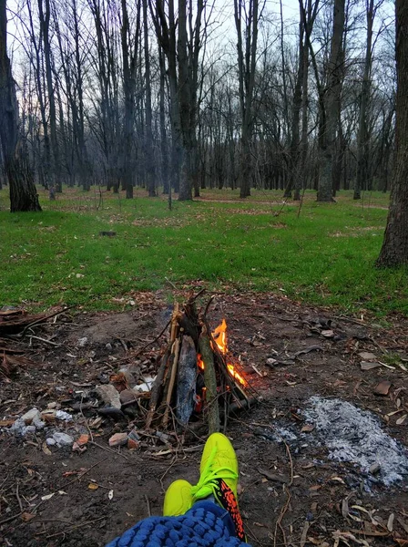 Campfire in the woods. Outdoor recreation close up.