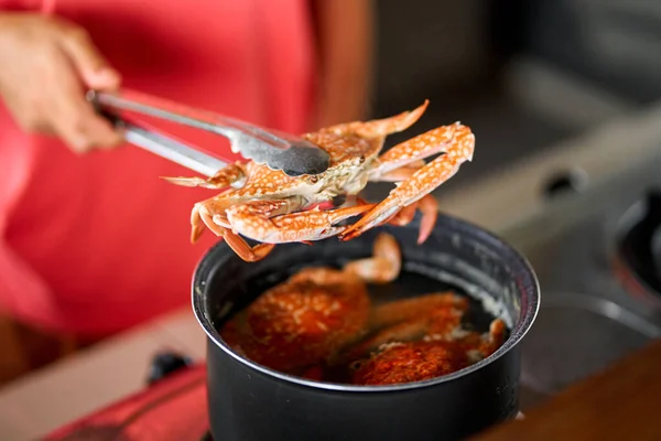 Taking out cooked blue crab from pot with boiling water.