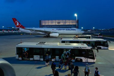 İstanbul Uluslararası Havaalanı 'na inen uçağın gece görüntüsü. Türkiye, İstanbul - 21.07.2020