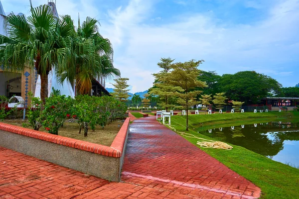 Gardener Set Aside Hose Watering Plants Lawn Park — Stock Photo, Image