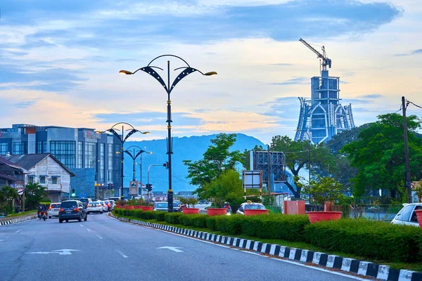 Tramonto Viale Paesaggio Nella Città Kuang Isola Tropicale Malesia Langkawi — Foto Stock