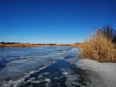 Buz kütleleri nehirde yüzer. Kışın sonunda erime.