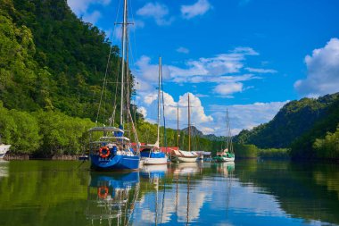 Langkawi adasındaki resimli yerlerde tekne yolculuğu. Yüzen köy. Langkawi, Malezya - 06.20.2020