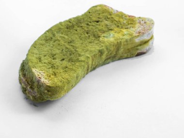 Beyaz arka planda yeşil küfle kaplı bir parça ekmek izole edilmiş..