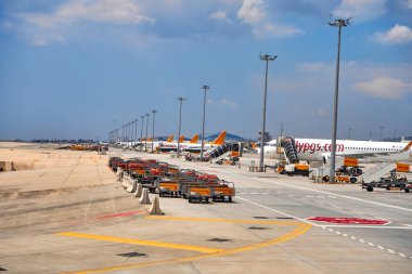 Uçağın yanındaki otoparkta yolcuların eşyalarının taşınması ve yüklenmesi için el arabaları. Havaalanı özel taşımacılığı. Türkiye, İstanbul - 21.07.2020