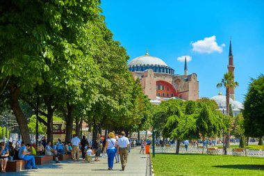İstanbul 'daki Sophia Camii. Çiçek açan ağaçlarla dolu güzel bir park. Sıcak bir yaz günü. İstanbul, Türkiye - 28.07.2017