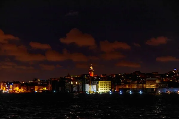 Esti Hajókirándulás Boszporuszon Isztambulban Bosphorus Híd Éjszakai Fények — Stock Fotó
