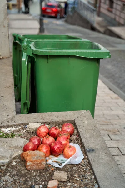 成熟的石榴果实躺在垃圾桶附近 帮助无家可归者 — 图库照片